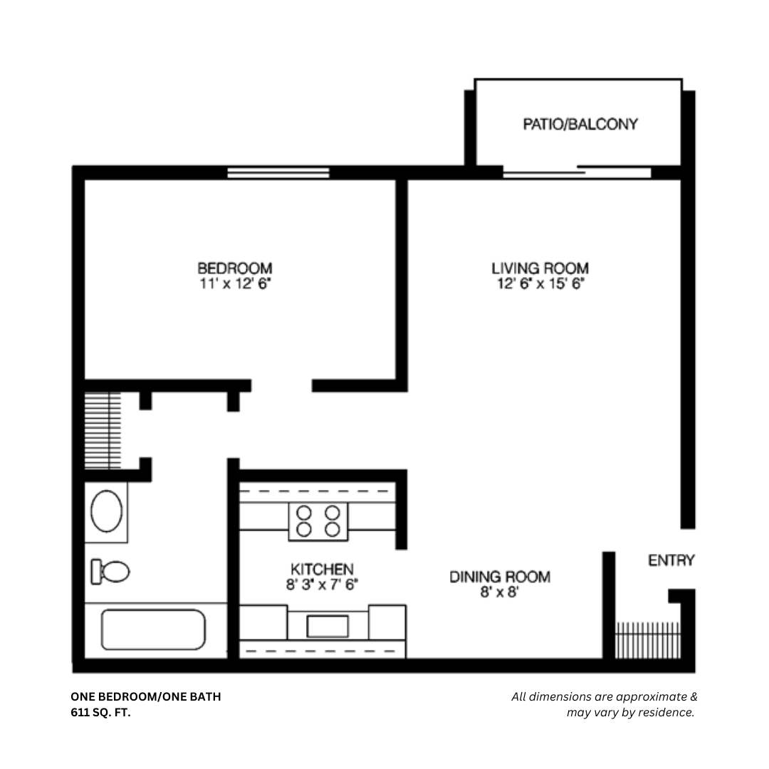 1 Bed 1 Bath Floor Plan | 611 Sq. Ft. at Willow Hill Apartments, Illinois